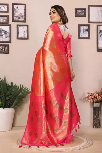 Orange faux banarasi tissue silk blend saree with woven paithani design