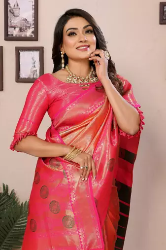 Orange faux banarasi tissue silk blend saree with woven paithani design
