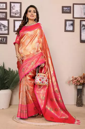 Orange faux banarasi tissue silk blend saree with woven paithani design