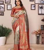 Grey banarasi tissue silk blend saree with woven paithani design