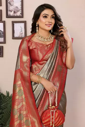 Grey faux banarasi tissue silk blend saree with woven paithani design