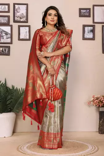 Grey faux banarasi tissue silk blend saree with woven paithani design