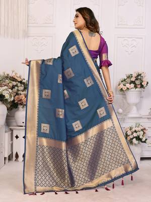 Blue graceful soft silk blend saree with woven zari work 2