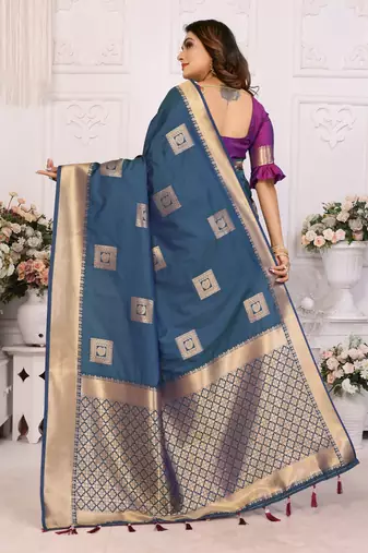Blue graceful soft silk blend saree with woven zari work