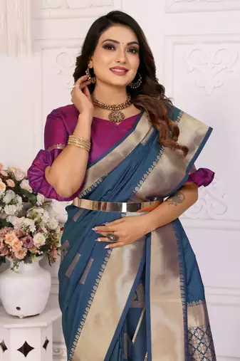 Blue graceful soft silk blend saree with woven zari work