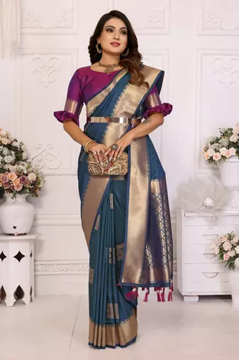 Blue graceful soft silk blend saree with woven zari work