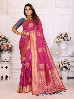 Pink graceful soft silk blend saree with woven zari work 1