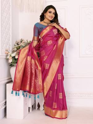 Pink graceful soft silk blend saree with woven zari work 4