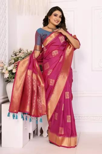 Pink graceful soft silk blend saree with woven zari work