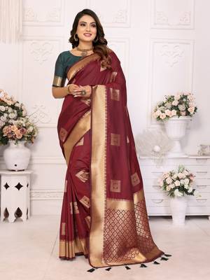 Brown graceful soft silk blend saree with woven zari work 1