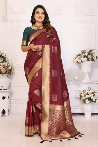 Brown graceful soft silk blend saree with woven zari work
