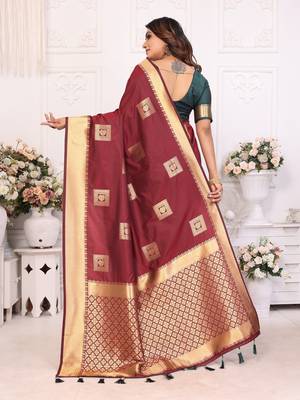 Brown graceful soft silk blend saree with woven zari work 2
