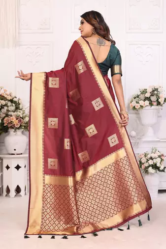 Brown graceful soft silk blend saree with woven zari work