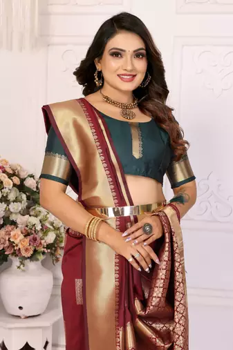 Brown graceful soft silk blend saree with woven zari work