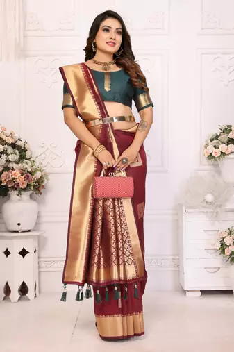 Brown graceful soft silk blend saree with woven zari work