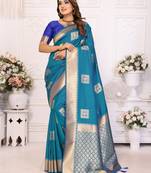 Firozi graceful soft silk blend saree with woven zari work