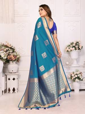 Firozi graceful soft silk blend saree with woven zari work 2