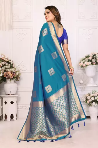 Firozi graceful soft silk blend saree with woven zari work