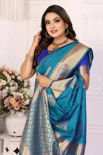 Firozi graceful soft silk blend saree with woven zari work