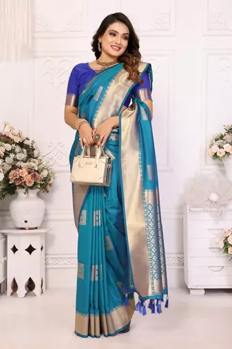 Firozi graceful soft silk blend saree with woven zari work