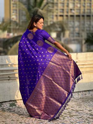 Blue moonga silk blend woven dual zari peacock festive wear saree 2