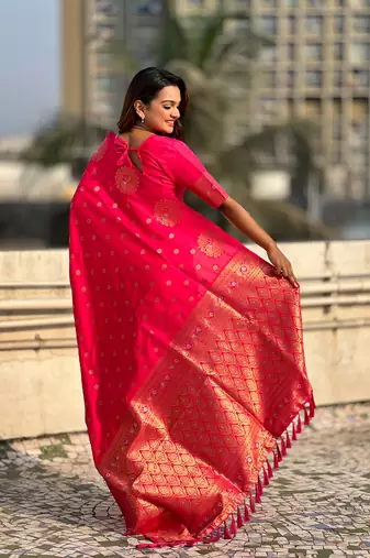 Pink moonga silk blend woven dual zari peacock festive wear saree