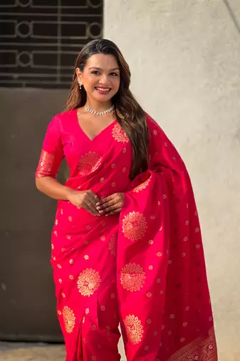 Pink moonga silk blend woven dual zari peacock festive wear saree