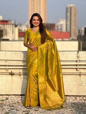 Olive moonga silk blend woven dual zari peacock festive wear saree 1