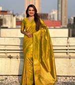 Olive moonga silk blend woven dual jari peacock festive wear saree