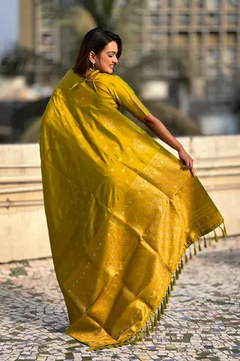 Olive moonga silk blend woven dual zari peacock festive wear saree
