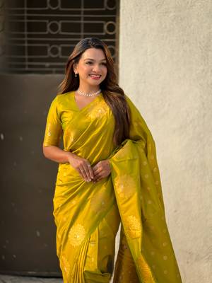 Olive moonga silk blend woven dual zari peacock festive wear saree 3