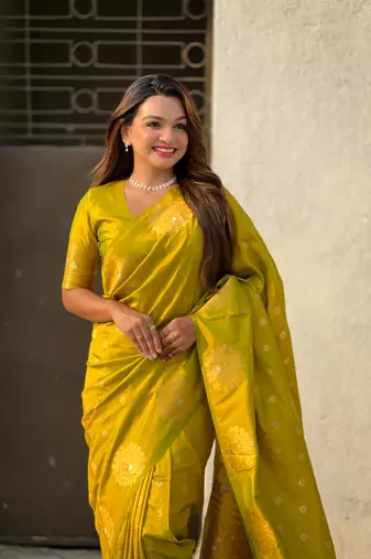 Olive moonga silk blend woven dual zari peacock festive wear saree