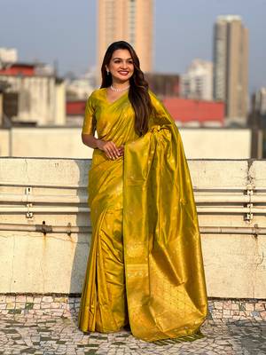 Olive moonga silk blend woven dual zari peacock festive wear saree 4