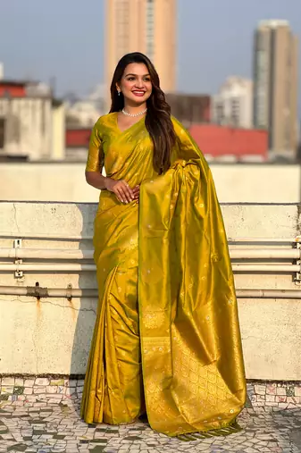 Olive moonga silk blend woven dual zari peacock festive wear saree