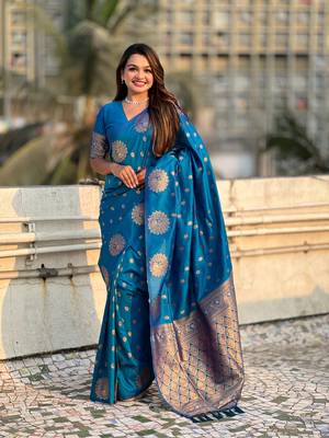 Teal blue moonga silk blend woven dual zari peacock festive wear saree 1