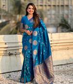 Teal blue moonga silk blend woven dual jari peacock festive wear saree