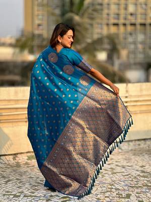 Teal blue moonga silk blend woven dual zari peacock festive wear saree 2