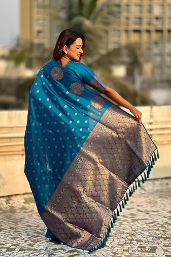 Teal blue moonga silk blend woven dual zari peacock festive wear saree