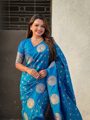 Teal blue moonga silk blend woven dual zari peacock festive wear saree 3