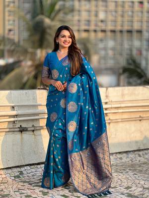 Teal blue moonga silk blend woven dual zari peacock festive wear saree 4