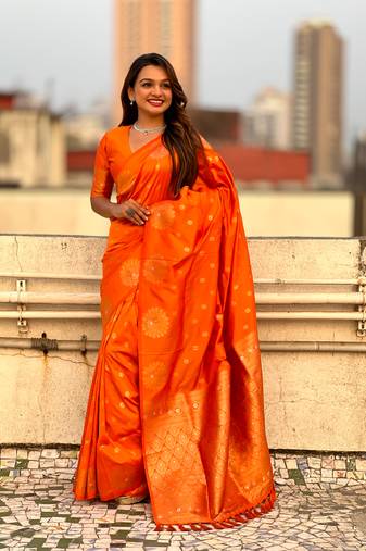 Orange moonga silk blend woven dual jari peacock festive wear saree