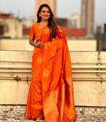 Orange moonga silk blend woven dual jari peacock festive wear saree