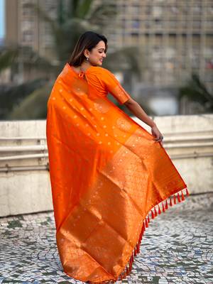 Orange moonga silk blend woven dual zari peacock festive wear saree 2