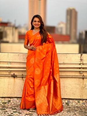 Orange moonga silk blend woven dual zari peacock festive wear saree 4