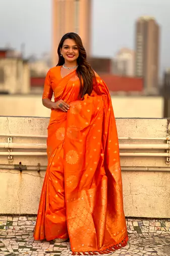Orange moonga silk blend woven dual zari peacock festive wear saree