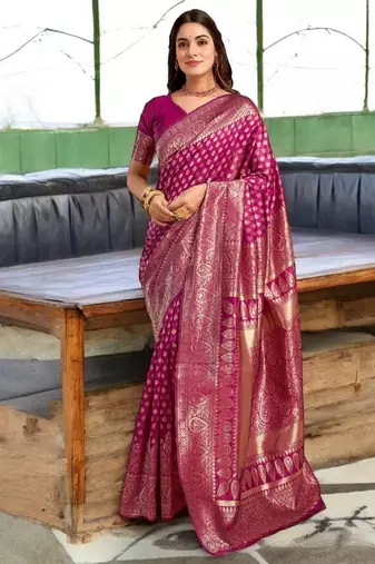 magenta banarasi silk blend woven saree with unstitched blouse piece
