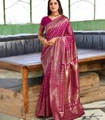 magenta banarasi silk blend woven saree with unstitched blouse piece