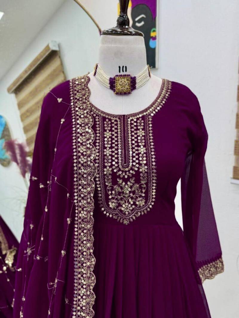 Women Georgette Fabric Embroidery work Flarred Gown and Dupatta