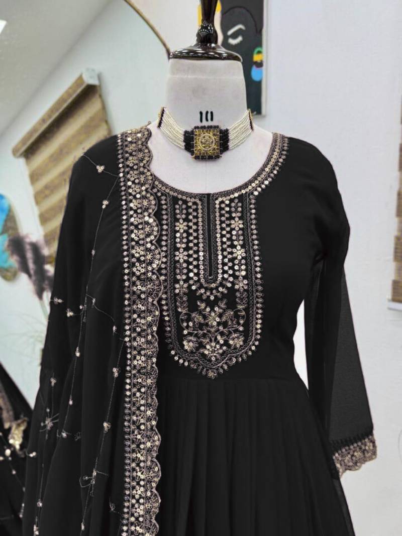 Women Georgette Fabric Embroidery work Flarred Gown and Dupatta