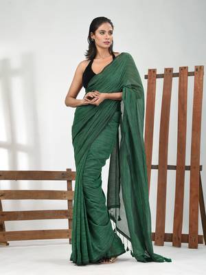 Green cotton handspun soft saree with pompom 1